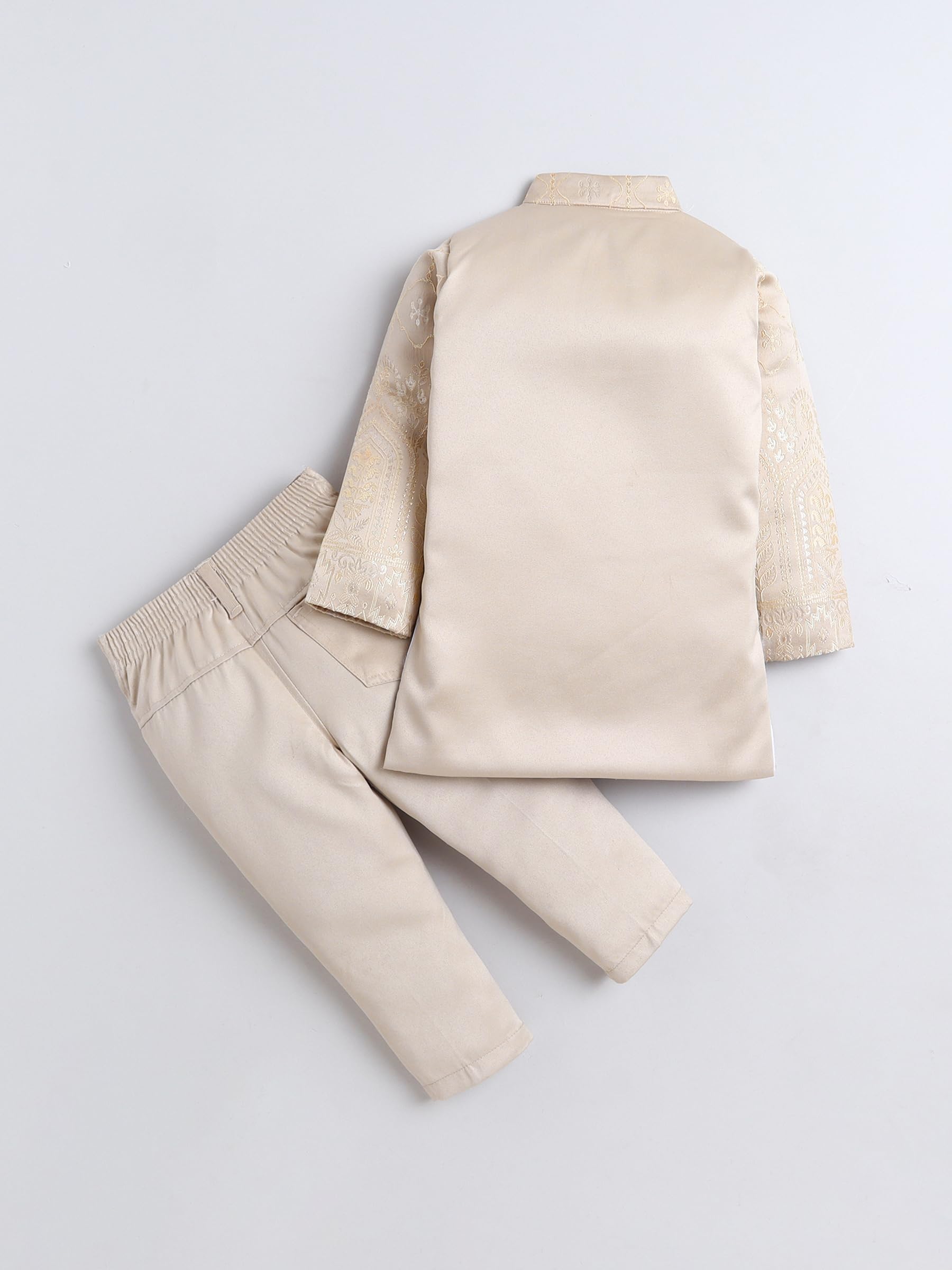 FOURFOLDS Boys Jacquard Leaf Motifs Sherwani & Trouser Set With Shrug- Beige 1
