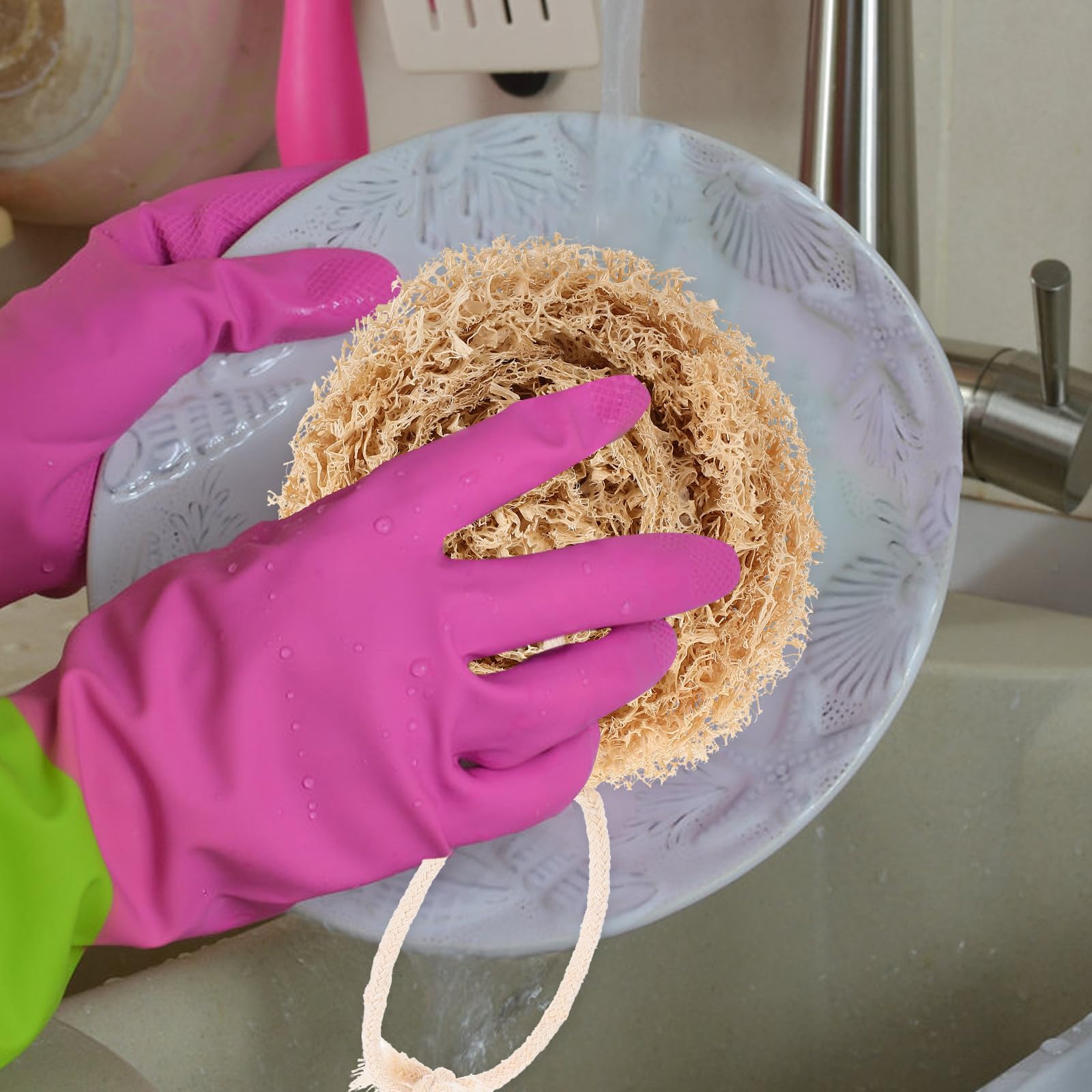 Esponjas de Lufa Naturales para Lavar Platos 4 Piezas Fuerte Absorción de Agua y Diseño para Colgar, Ideales para Limpieza en Cocina