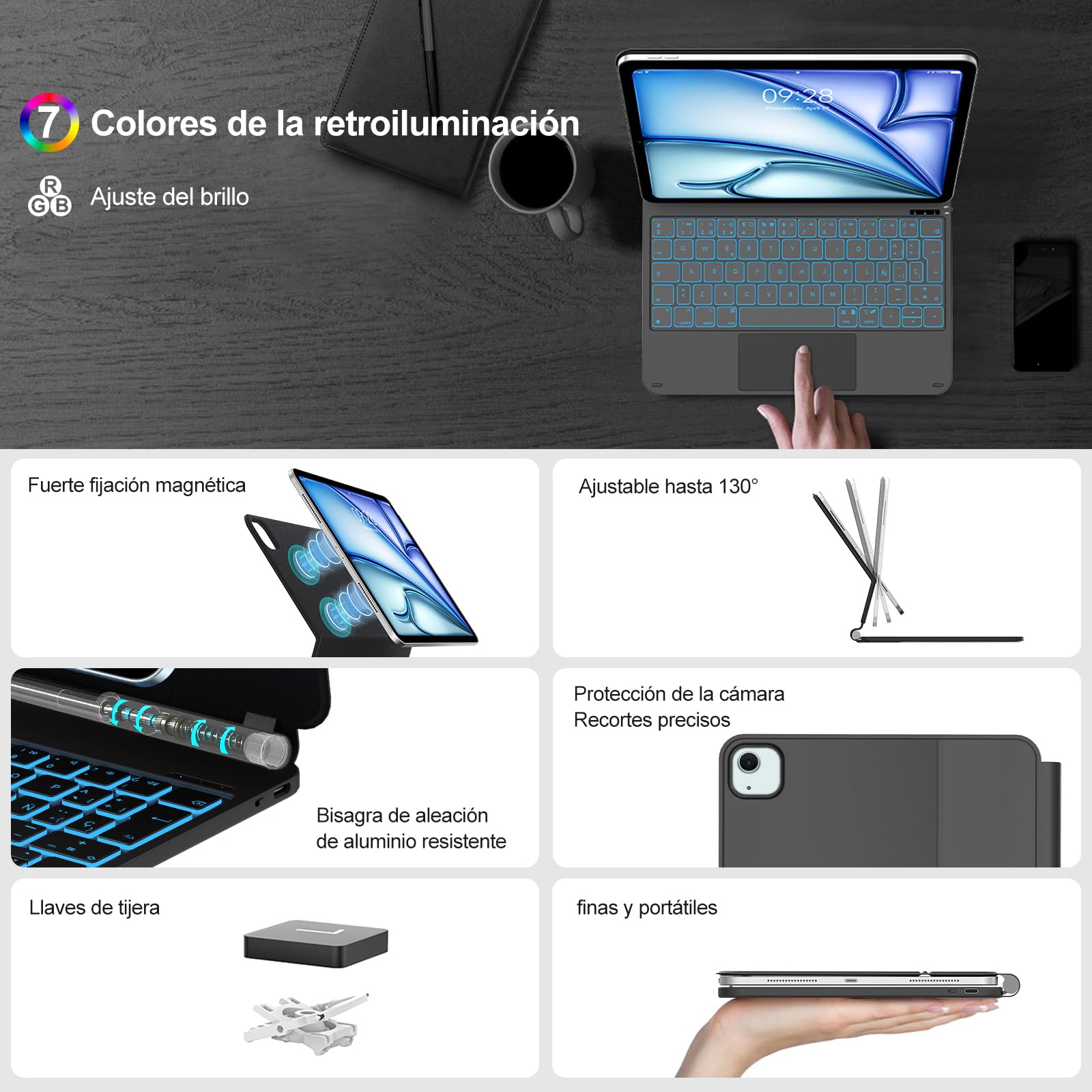 IVEOPPE Teclado Magic Magnético para Air 11'' M4/M3/M2, Funda Teclado de Ajuste Fácil para Air 6/5/4 Gen, iPad Pro 11 4/3/2/1 Gen, Soporte Flotante, Retroiluminación 7 Colores, con Trackpad, Negro