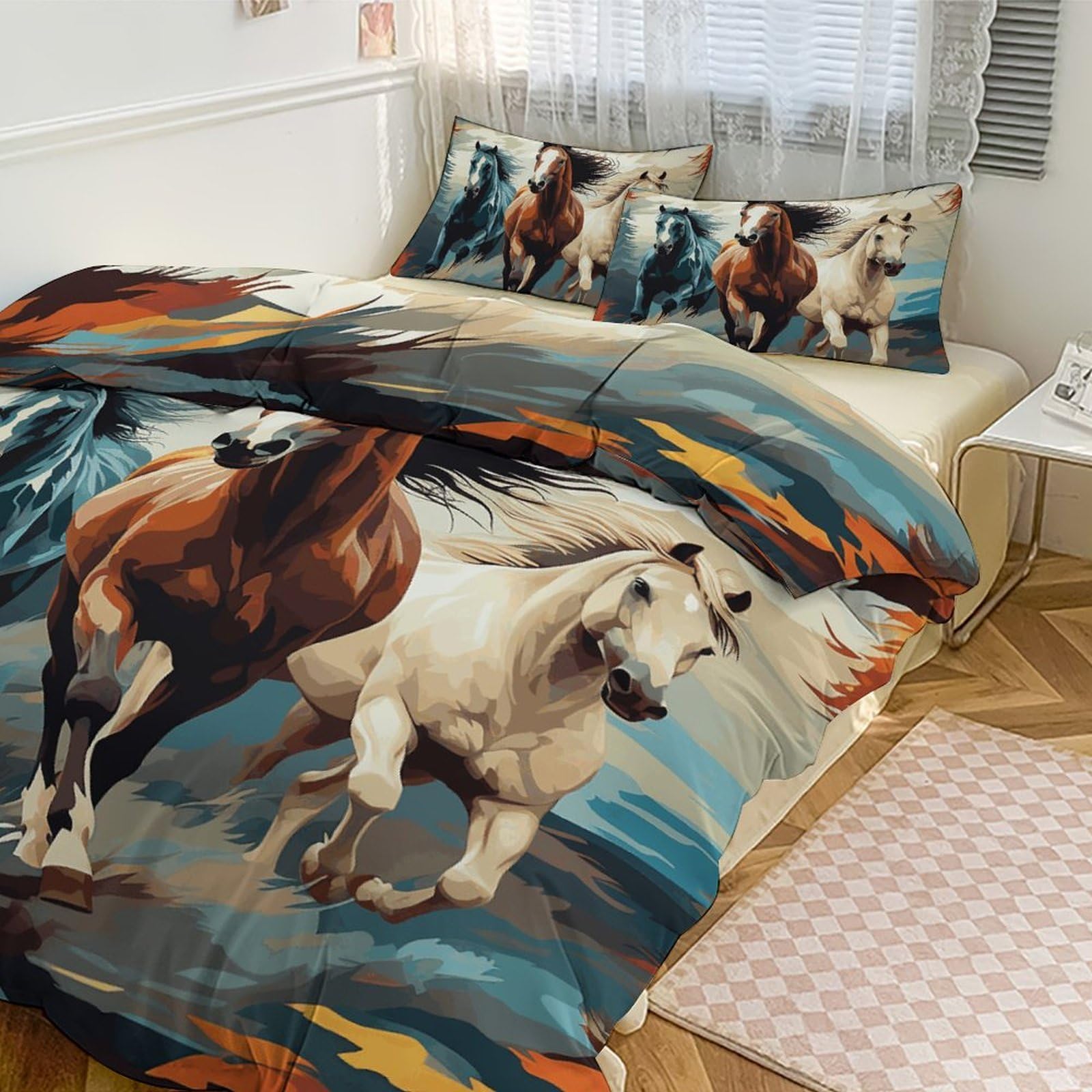 Housse de couette respirante ultra douce motif chevaux grand lit
