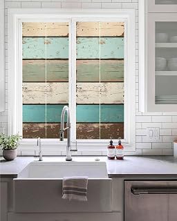 Farmhouse Teal Brown Window Privacy Film Stained Glass Window Film Decorative Window Cover Static Window Cling for Glass Door Vintage Ombre Wooden Window Stickers for Bathroom 17.7"x39.3"