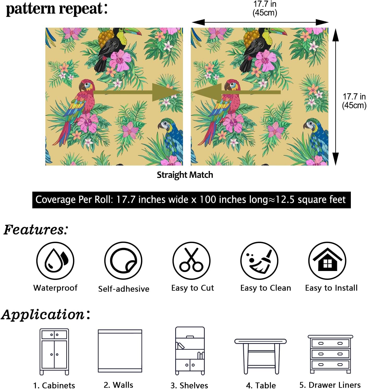 CHIHUT 17.7”x100” Peel and Stick Tropical Bird Wallpaper Sunny Beige Vibrant Parrot Toucan Print Hibiscus Palm Leaves Contact Paper Removable Waterproof Wallpaper for Bedroom Living Room Nursery