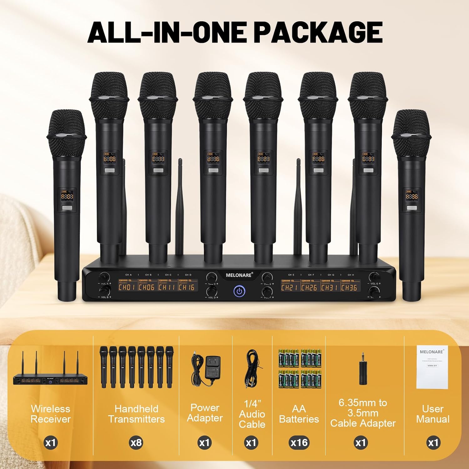 8-Channel Wireless Microphone System, UHF 500MHz Cordless Mic Set w/ 8x5 Frequencies, 240ft Range, Dynamic Handheld Microphone for Singing, Karaoke, Church, Meetings, Wedding (MWM-81F) - Image 7