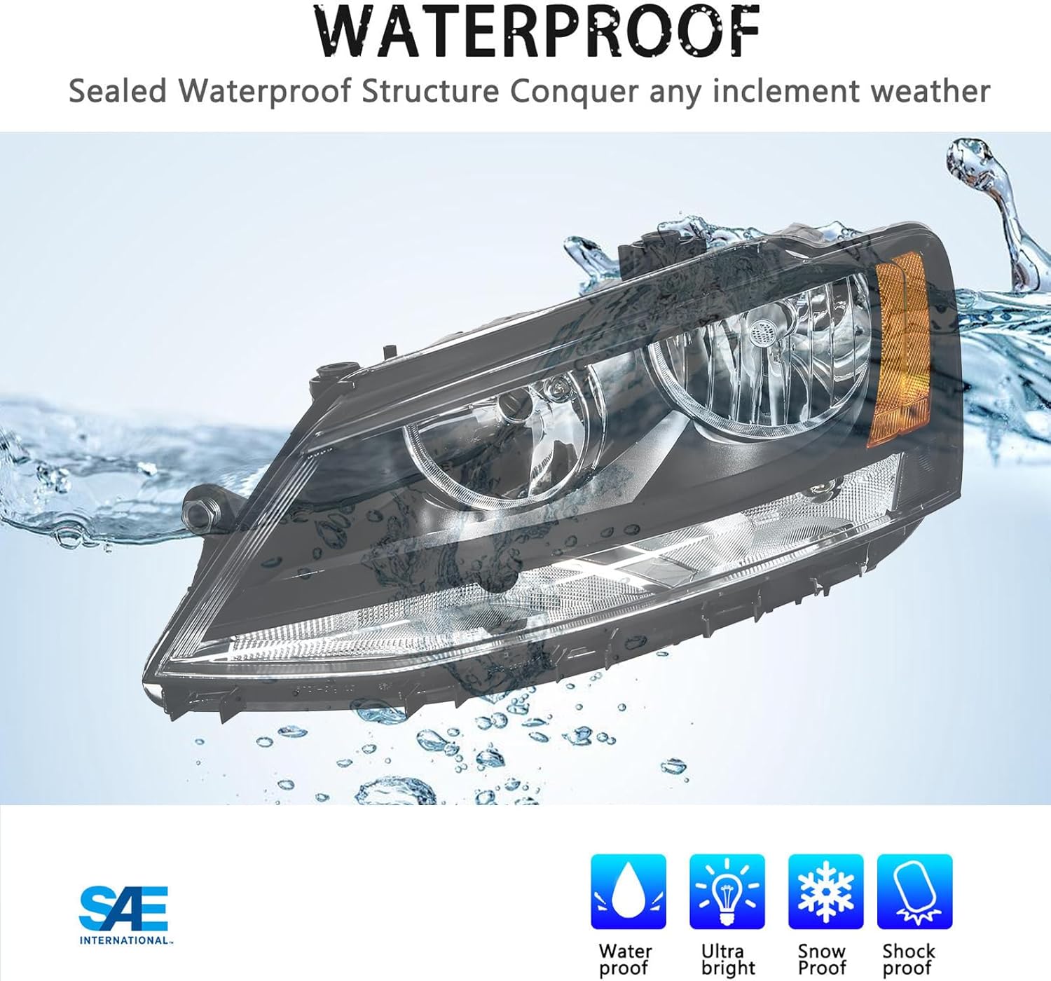 Headlights Assembly Compatible with 11-18 Volkswagen Jetta MK6 Head Lamp Halogen Model Replacement Black Housing Amber Corner