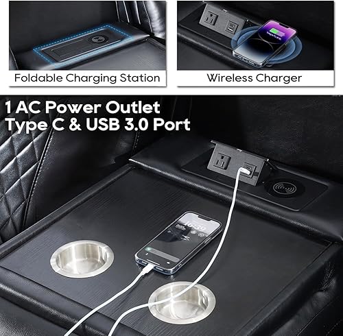 Miniatura 3 de Juego de 2 sofás reclinables eléctricos con altavoces bajos para sala de estar, sofá reclinable eléctrico de 3 plazas de piel sintética con cargador