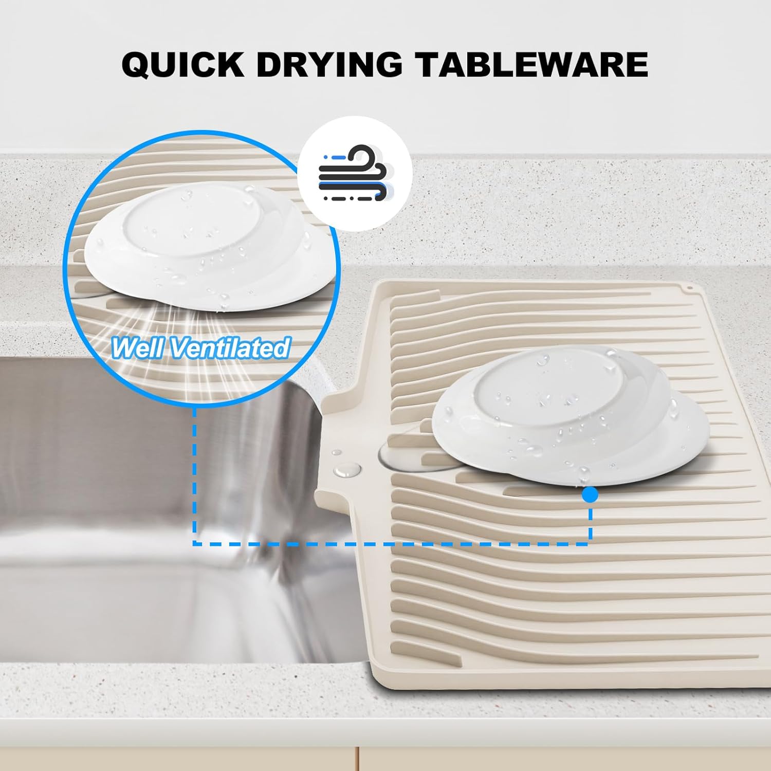 Silicone Dish Drying Mat for Kitchen Countertops and Sinks,19 x13.7 Inch Non Slip Heat Resistant Mat with Built In Drainage System,For Refrigerator and Drawer Liners (Creamy-white, 19 x13.7 Inch) - Image 3