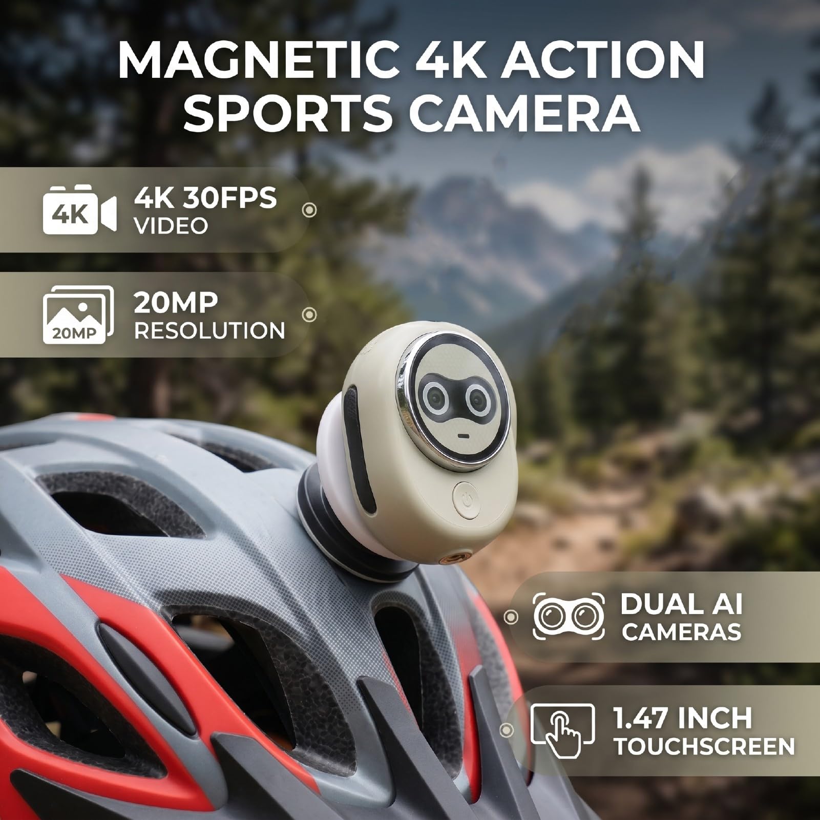 Action Camera 4K 30FPS, WiFi Touch Screen da 1,47 Pollici Fotocamera Sportiva Magnetica da 20 MP con Doppia Fotocamera Posteriore, Messa a Fuoco AI per Viaggi Sport all'Aria Aperta (Grey)