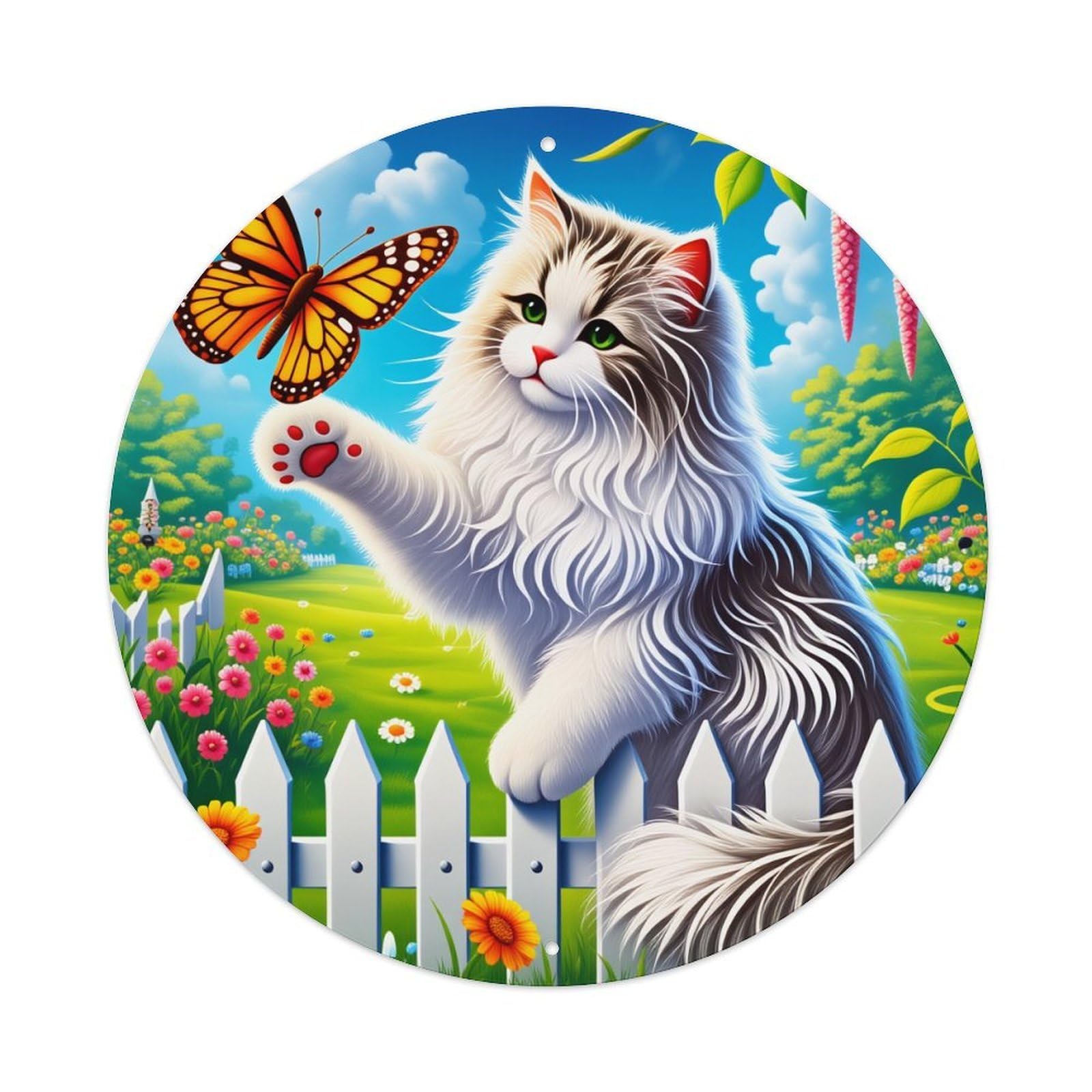 Cat Butterfly Garden Fence Flowers Round Tin Sign Vintage Style Metal Sign Home Bar Garden Wall Plaque Decor Metal Poster 8x8 Inch