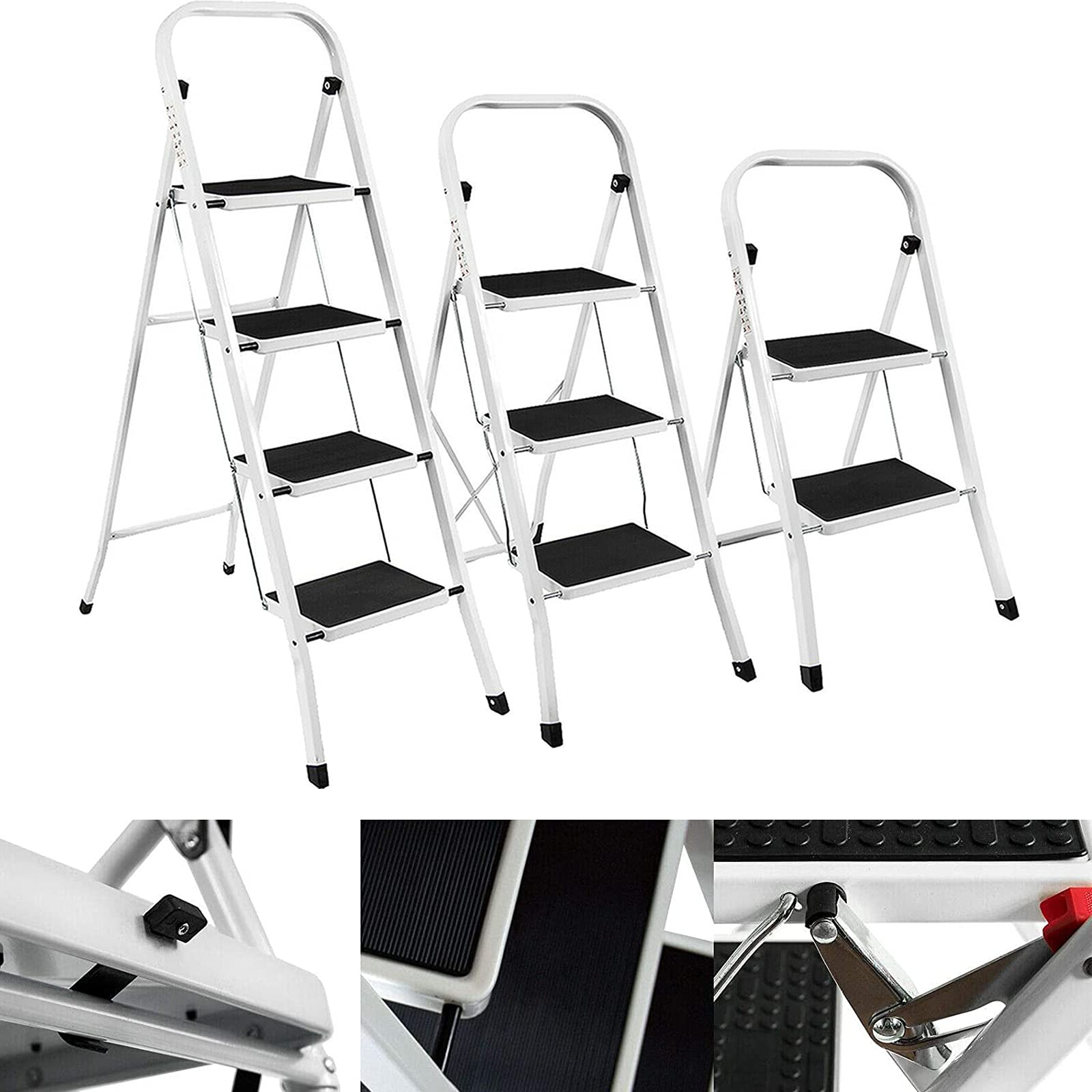 Jaosy White Heavy Duty 2/3/4 Step Ladder Folding Step Stool Portable With Non-Slip Rubber Feet Anti-Slip Househol Stepladders For Multi-Purpose 330Lbs Capacity (4 Step, )