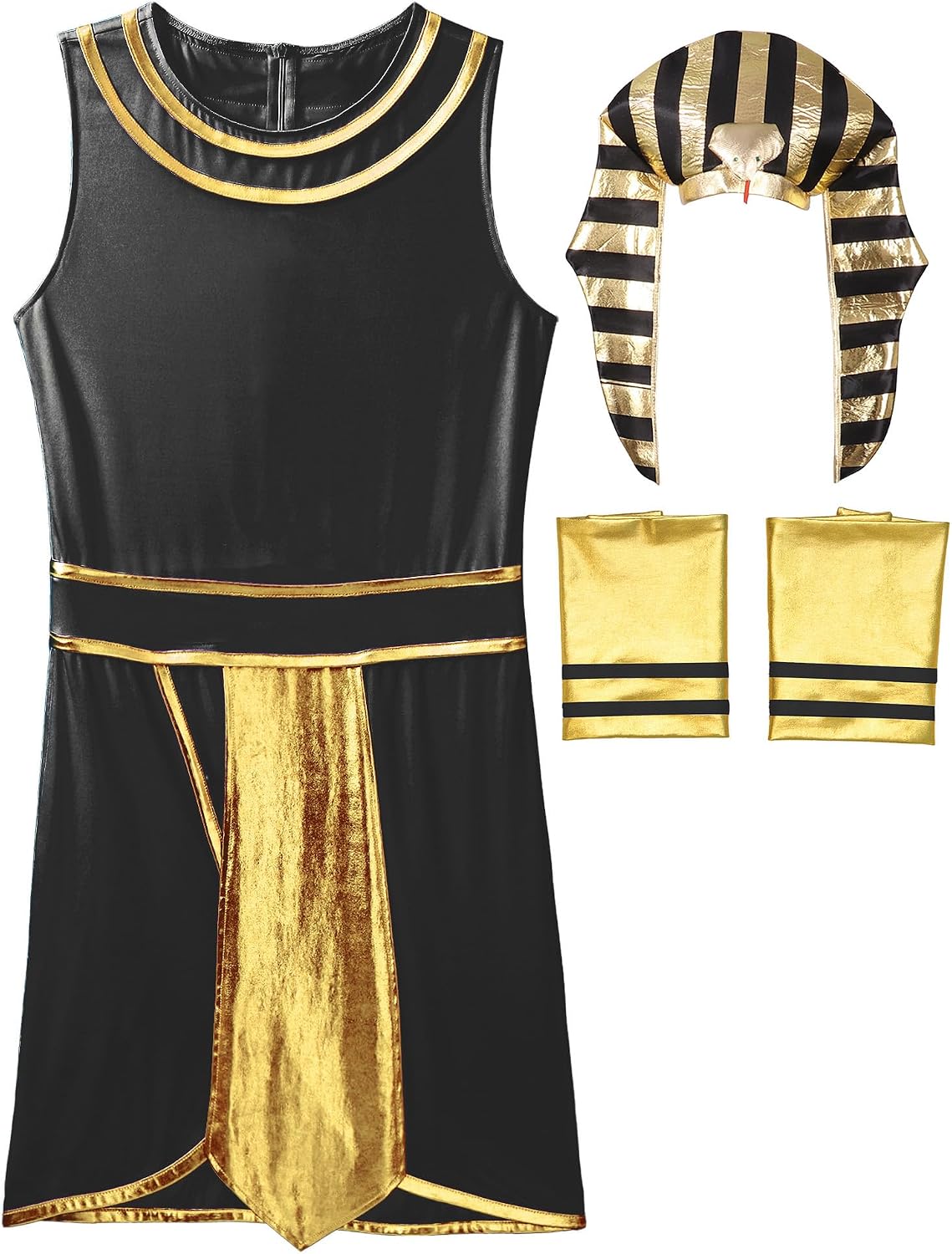 Mufeng Mens Egyptian Pharaoh Costume Round Neck Zipper Dress with Cuffs and Snake Head Hat