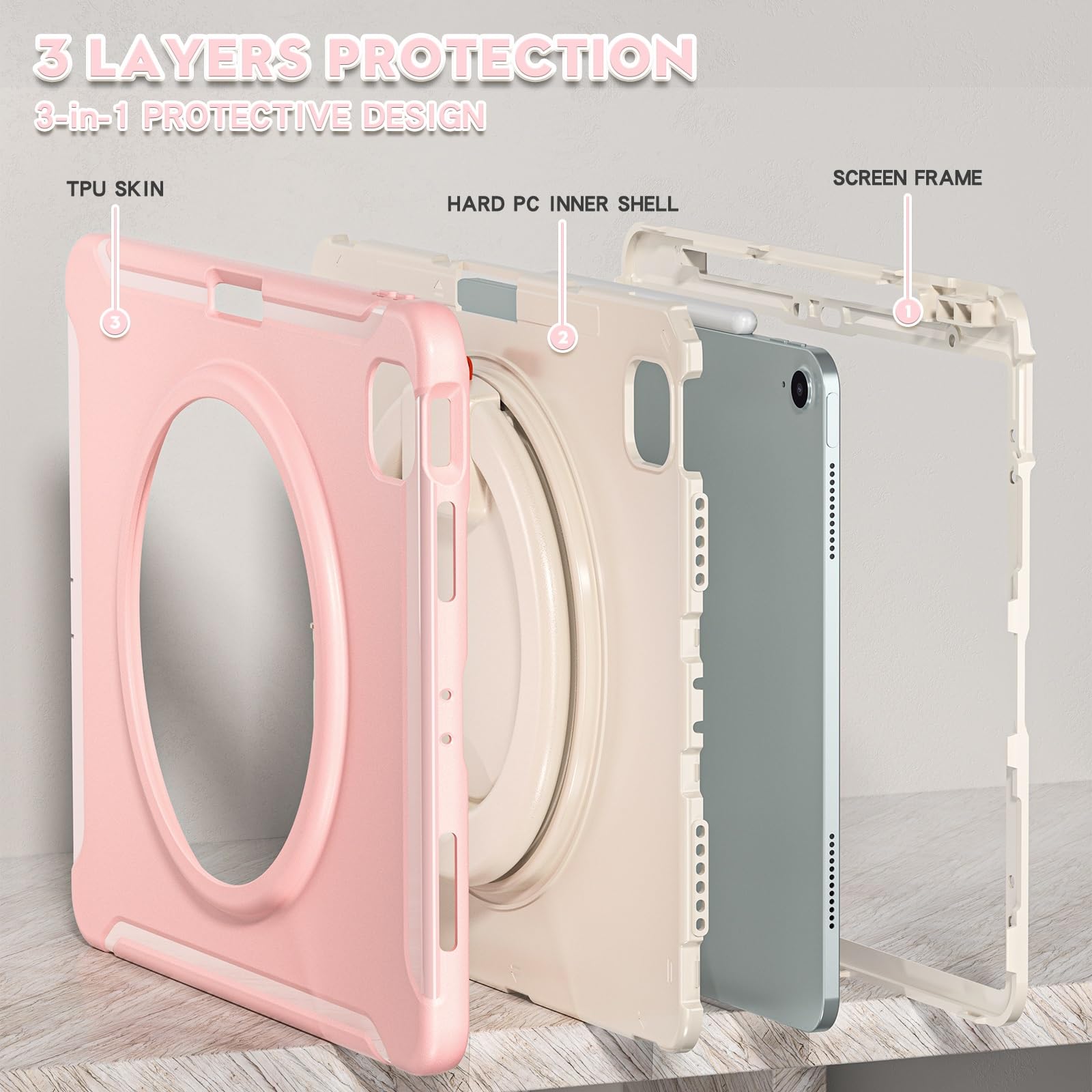 Custodia Robusta for iPad Air 13 pollici Custodia M4 / M3 / M2 (2026/2025/2024), Custodia protettiva antiurto Robusta custodia protettiva for paraurti ibrida con impugnatura, supporto girevole(Pembe)