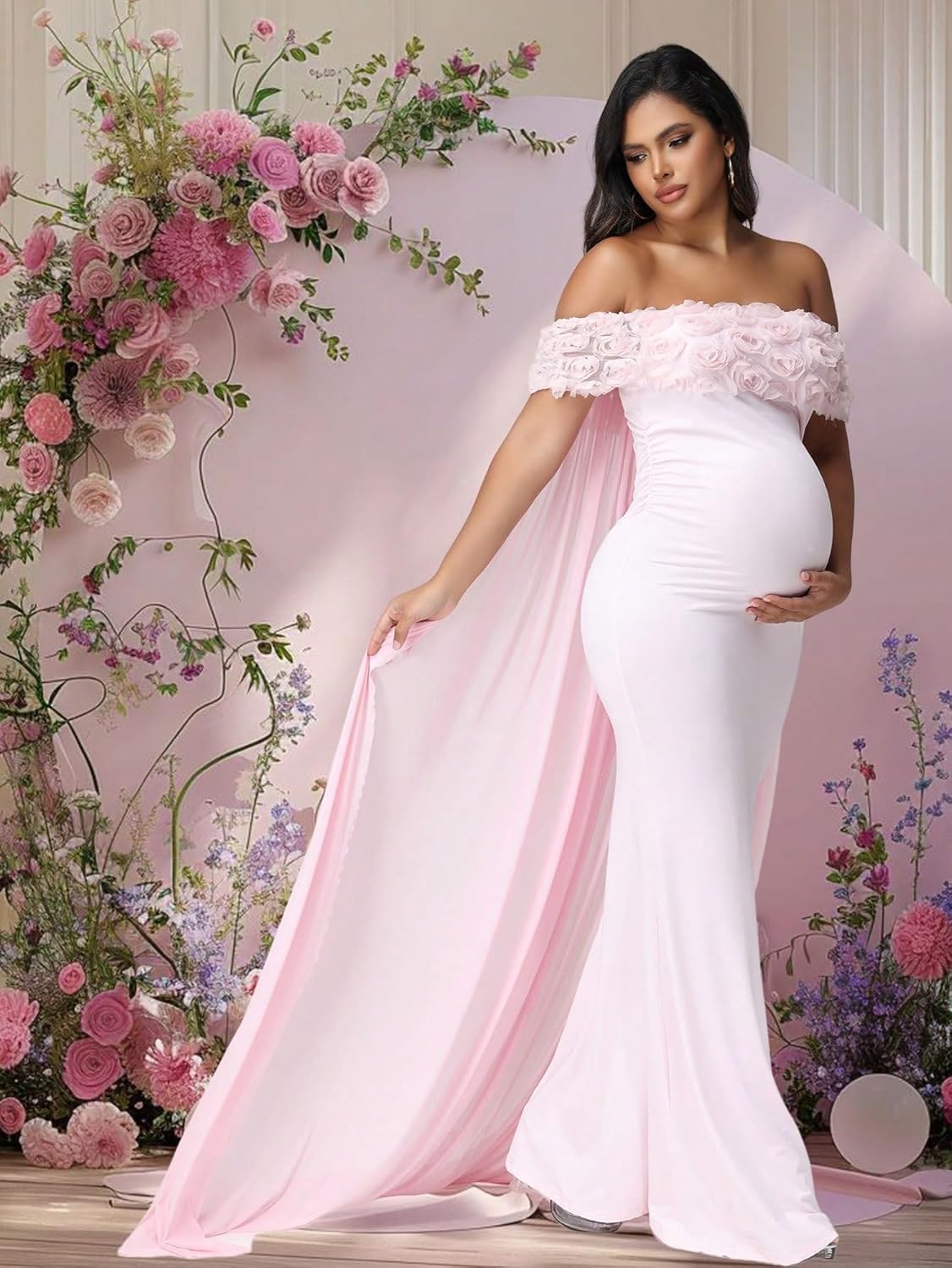 JustVH Women's Maternity Mesh Off Shoulder Chiffon Maxi Photoshoot Dress for Baby Shower Cloak Outfit Maxi Photography Gown