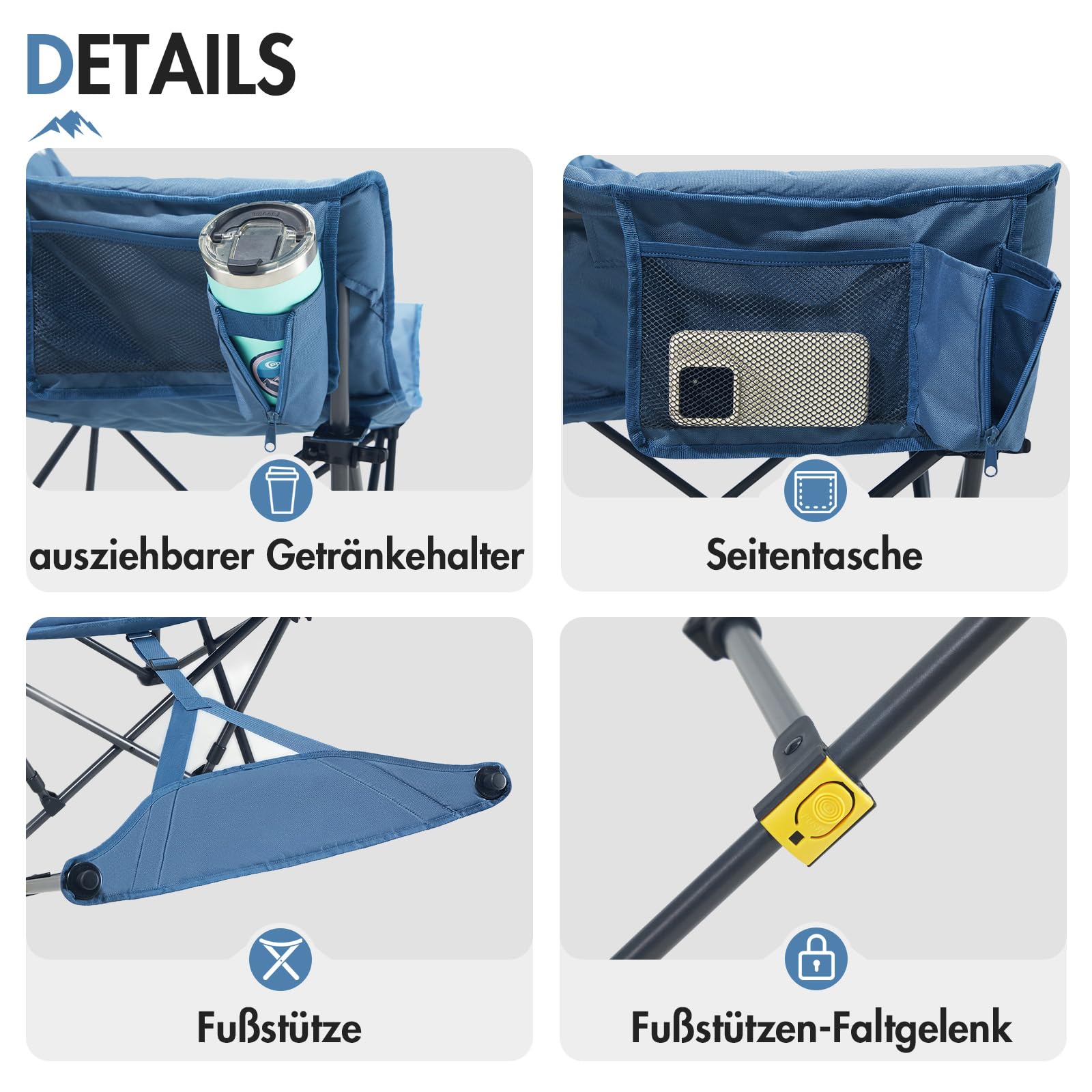 Moonchair Campingstuhl mit Fußablage 180kg XL Bequemer Luxuriös gepolsterter breiter Gartensessel Schwerlast-Liegestuhl ideal für Strand, Picknick, Balkon & Terrasse