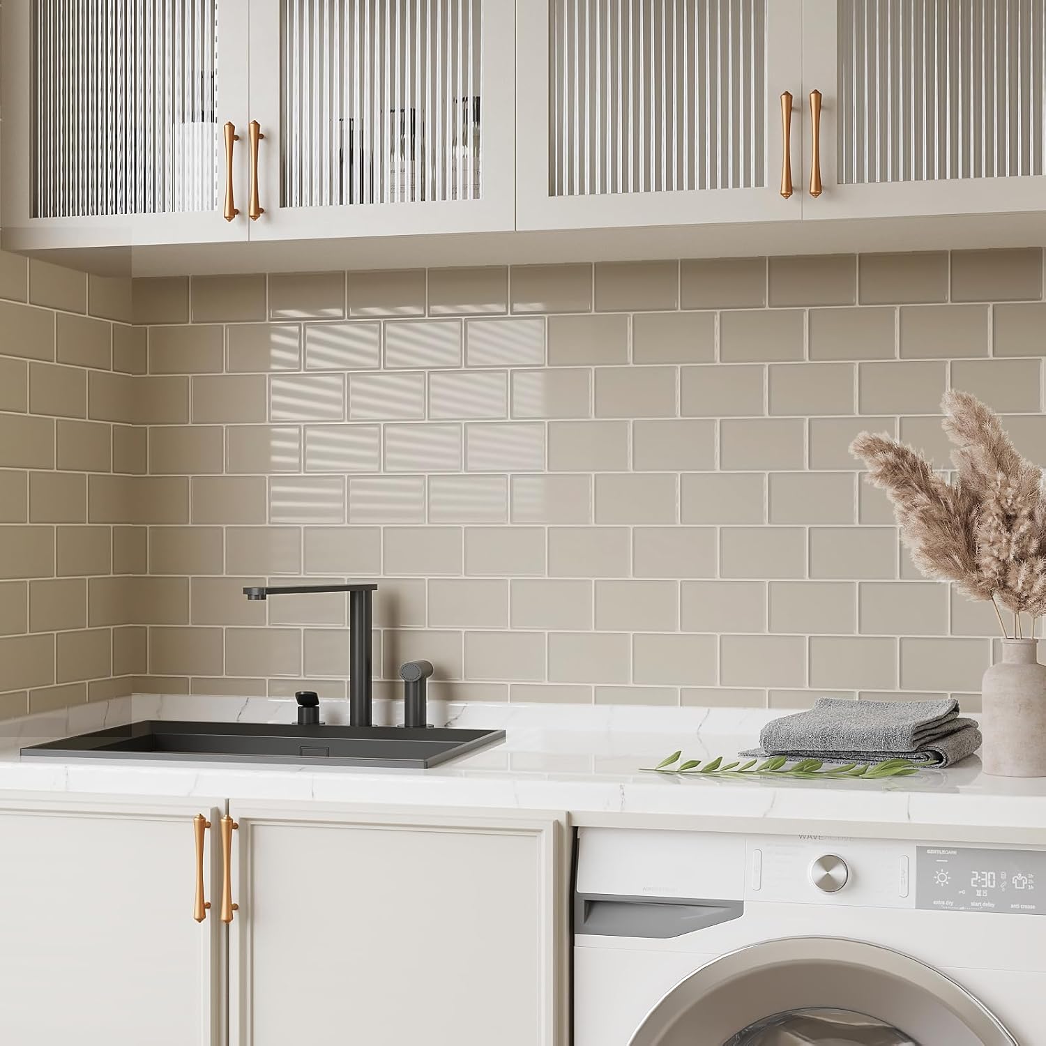 VEELIKE 12 Sheets Pastel Beige Subway Peel and Stick Backsplash Tile Waterproof Back Splash Stick on Tiles for Kitchen 12''x12'' Self Adhesive Removable Peel and Stick Wall Tiles for Bathroom Shower