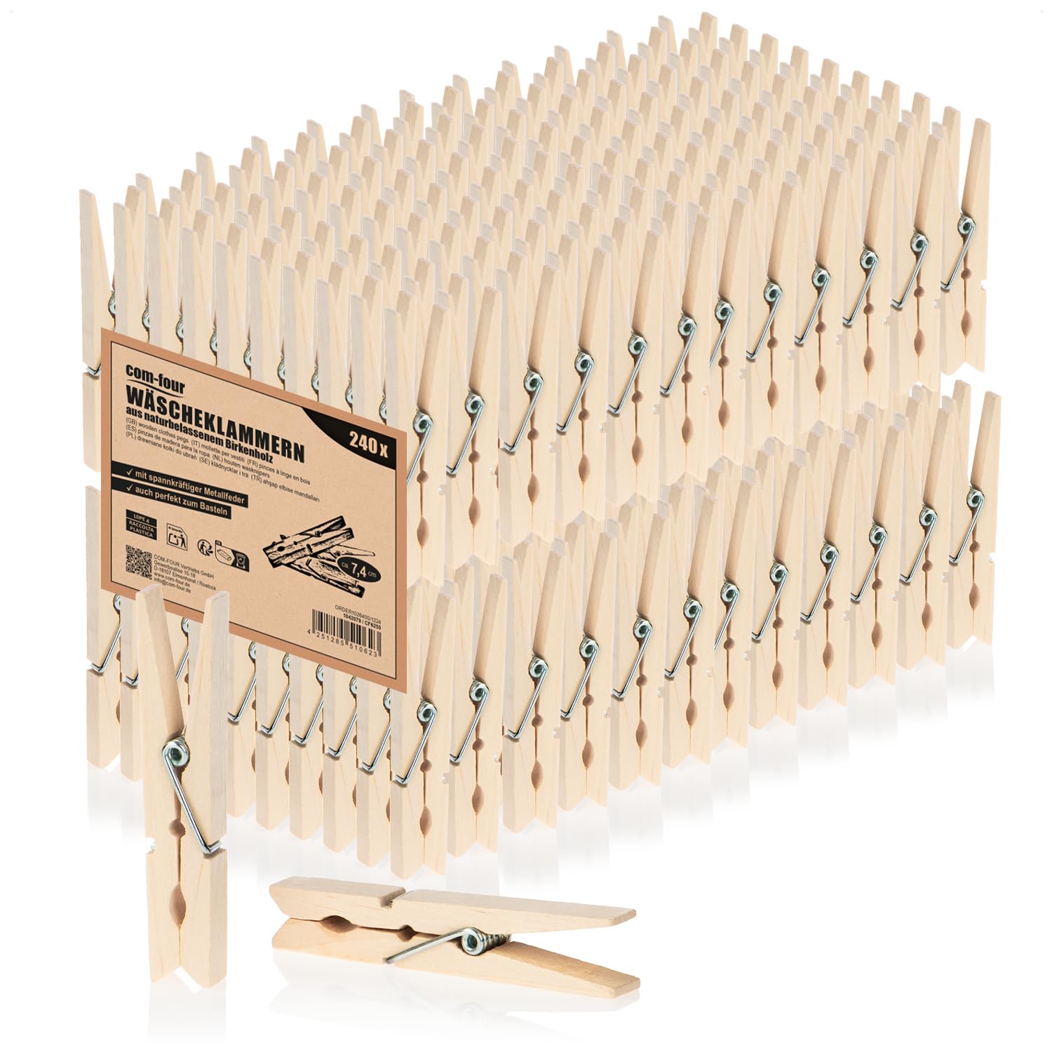 com-four® 240x Wäscheklammern aus Holz - Nachhaltige Holzklammern aus Birkenholz - unbehandelte Holzwäscheklammern zum Wäscheaufhängen und Basteln (240 Stück - Birke)