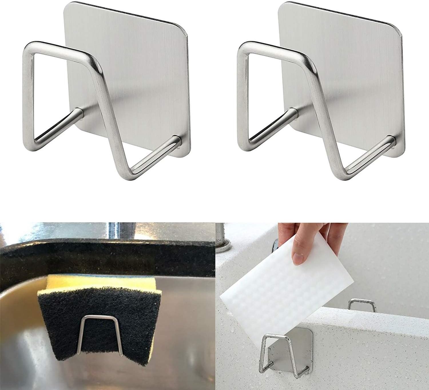 SOLDOUT™ 2 PCS Stainless Steel Sponge Holder For Kitchen Self Adhesive Sink Sponges Drain Drying Rack Kitchen Storage Organizer Accessories (Pack of 2)