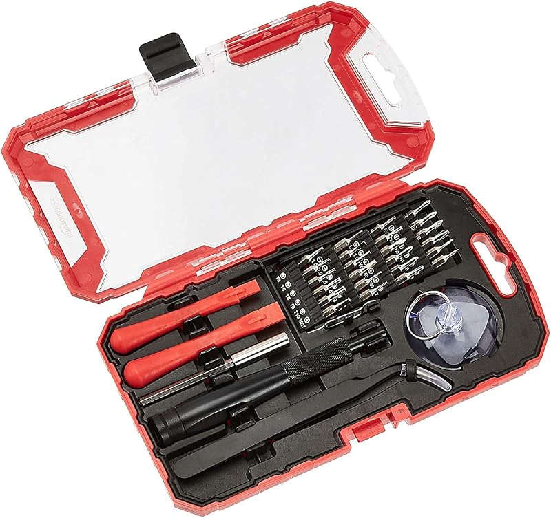 Amazon Basics Juego de destornilladores de precisión, kit de herramientas de reparación electrónica de 32 piezas para portátiles, teléfonos inteligentes, lentes, relojes, punta magnética, rojo