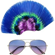 2-Piece Mohawk Wig with Sunglasses, 80s Rocker Punk Costume Set - Rainbow Blue Mohican Hairpiece, Cyberpunk Accessories for Music Festival, Cosplay & Funny Dress-Up
