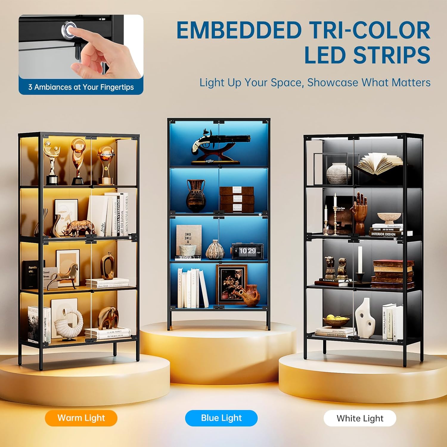 65" Glass Display Cabinet with 3-Color LED Light, Display Case with 4 Tempered Glass Doors and Shelves, Metal Frame Curio Storage Cabinet for Collectibles, Figures, Awards, Book, Toy (Black)