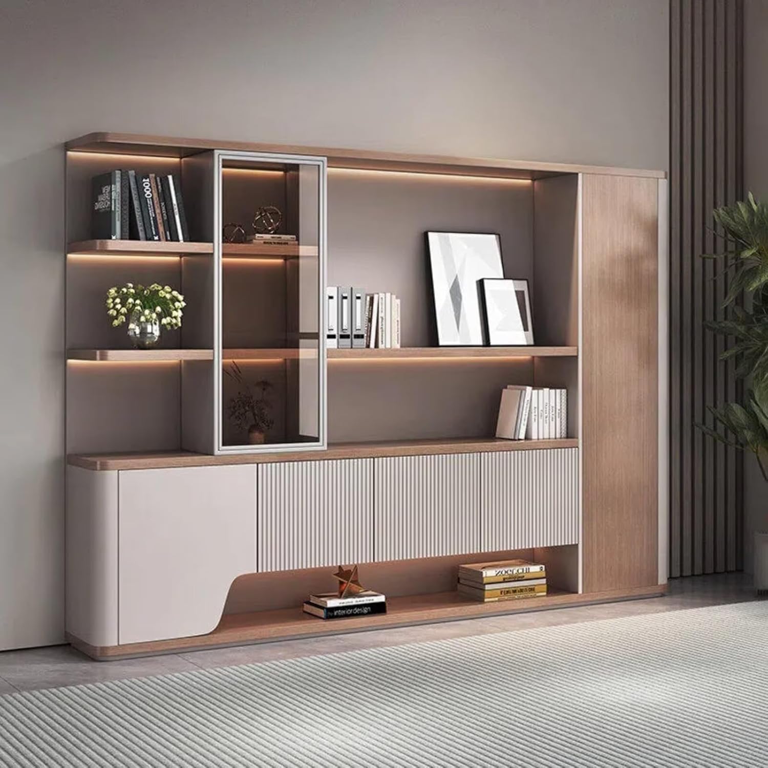 Bookshelf - 5-Tier Bokcase with Modern Beige Striped Ambient Light Standing File Cabinet Includes Open Display Space Clothes
