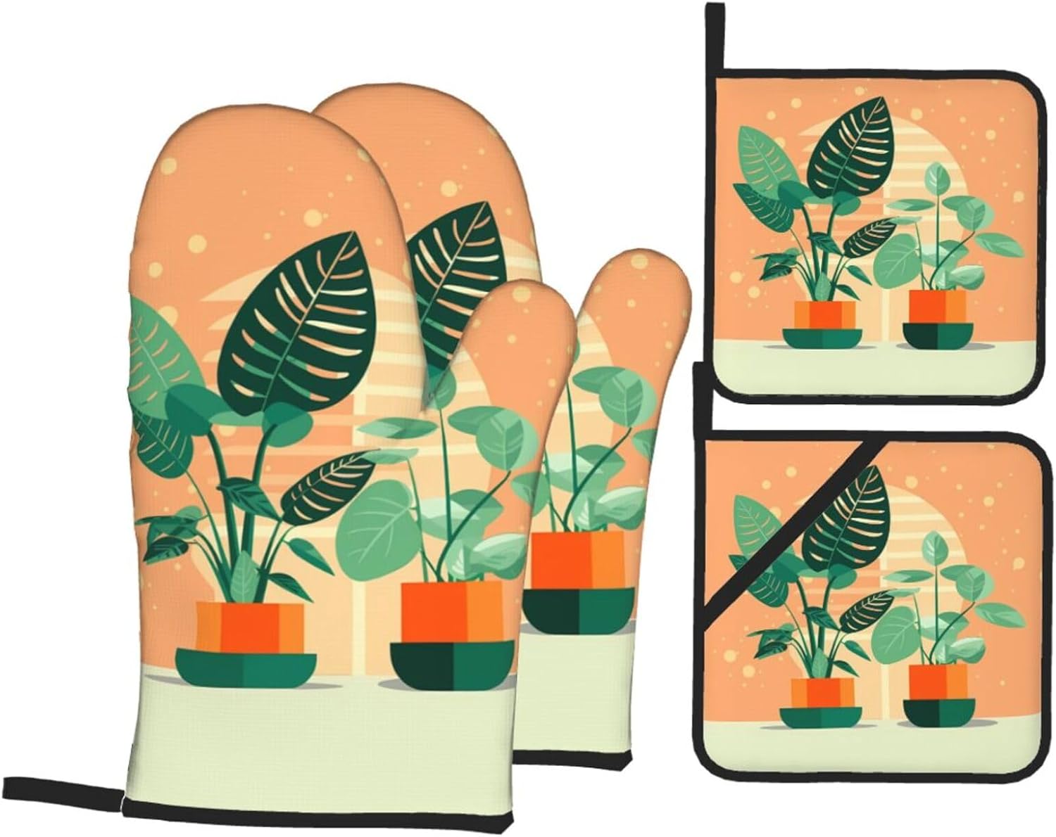 Green Turtleback Oven gloves and heat-resistant mat 4-piece set. Suitable for grilling, microwave oven frying, and baking