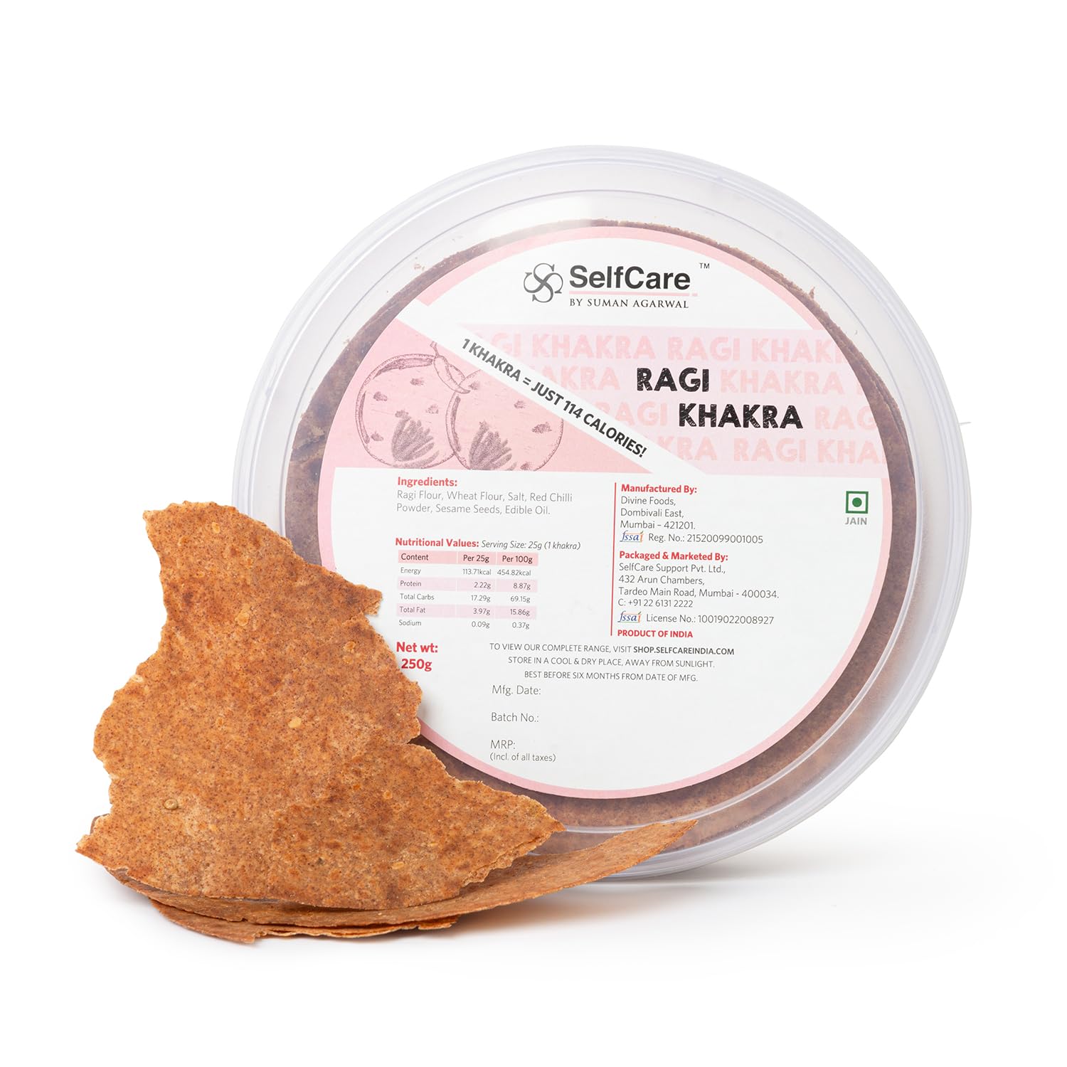 SelfCare By Suman Agarwal Ragi Khakra Pack of 1 250g | Roasted-Healthy-Snacks-Crackers-Namkeen-Grocery | Crispy & Chatpata - Tae time - Eat with Dip | Jain & Travel Friendly