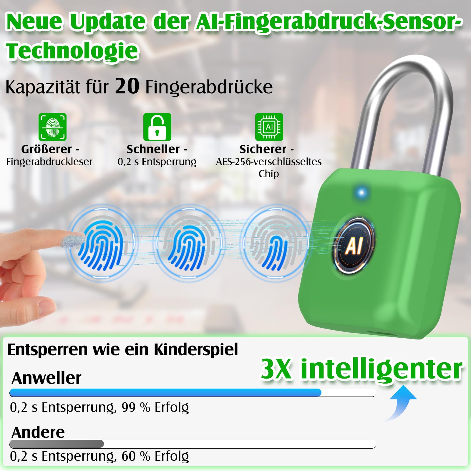 Anweller Cerradura inteligente con Bluetooth, candado de huellas dactilares, candado con huella dactilar, pequeño para gimnasio, oficina, casa, jardín (verde aguacate)