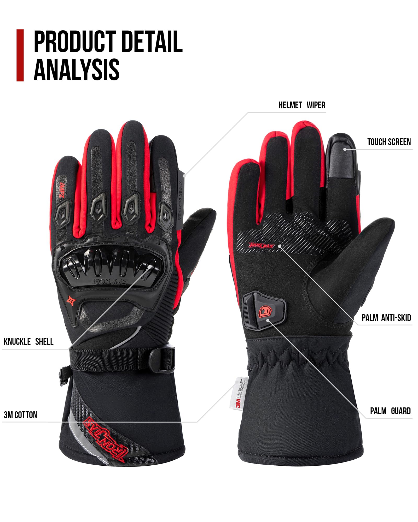 IRON JIA'S Guanti Moto Invernali Uomo, Guanti Impermeabili Antivento, Leggeri e Caldi Con Touchscreen per Motociclismo, Escursionismo e Altri Sport All'aperto, Per Uomini e Donne