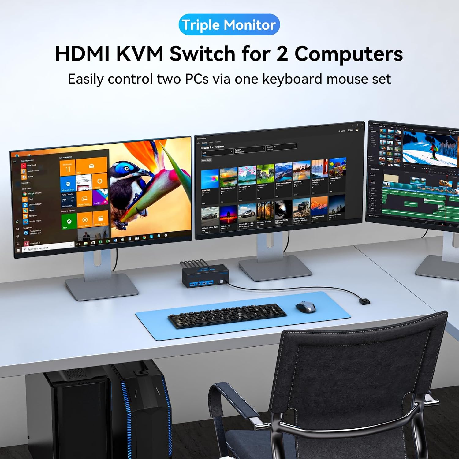KVM Switch 3 Monitors 2 Computers HDMI 4K@60Hz USB 3.0 KVM Switches for 2 PC Share Triple Monitor and 4 USB Ports Supports Extended&Copy Mode.Wired Controller DC 12V/1A Adapter Included