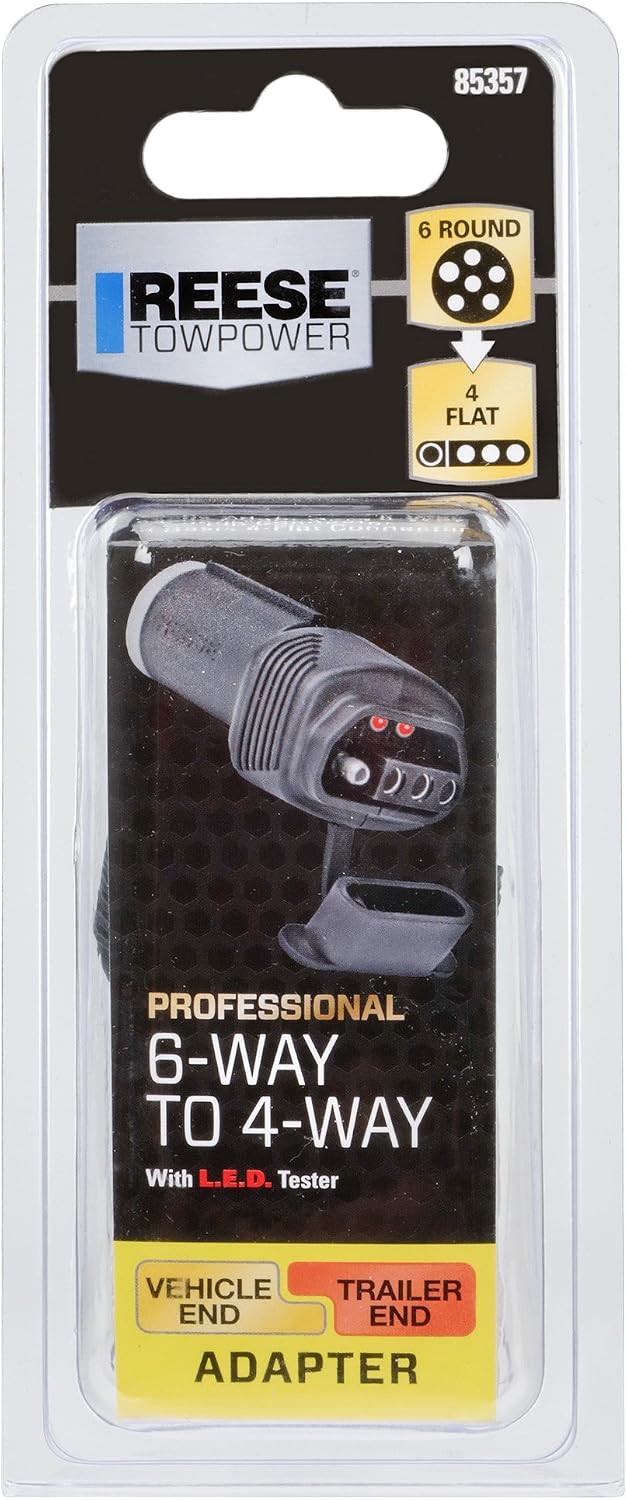 Reese Towpower 85357 6-Way Round to 4-Way Flat Adapter with LED Circuit Tester