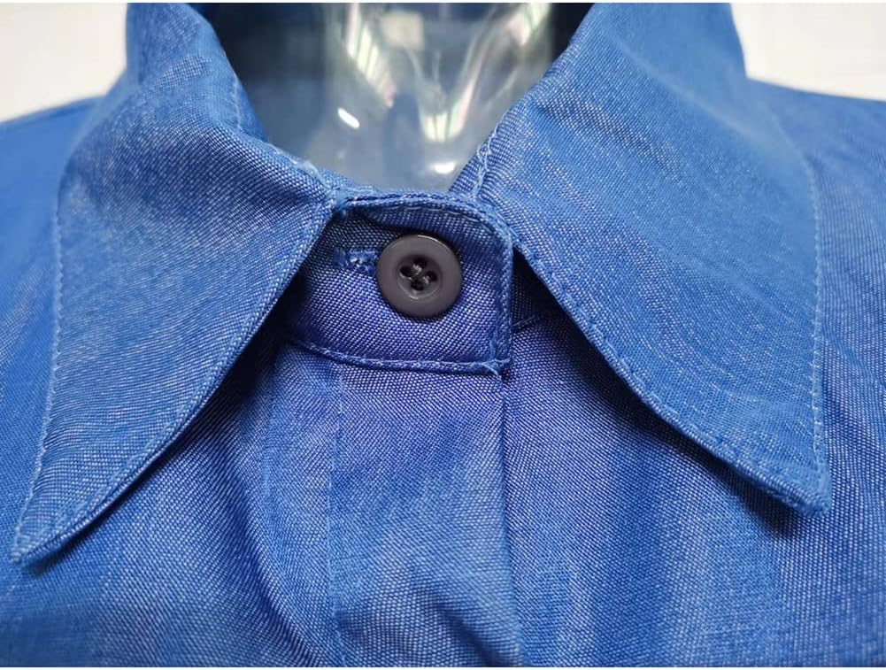 Womens Casual Long Sleeve Side Split Button Down Long Denim Dress Lapel Shirt Skirt for Fashion Cardigans - Light Blue L - Image 6