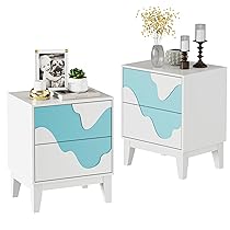 UEV Set di 2 Comodini con Motivo Ondulato, Comò Moderno con 2 Cassetti Portaoggetti, Tavolino laterale per Camera da Letto, Soggiorno, 45 x 35 x 56cm, Bianco