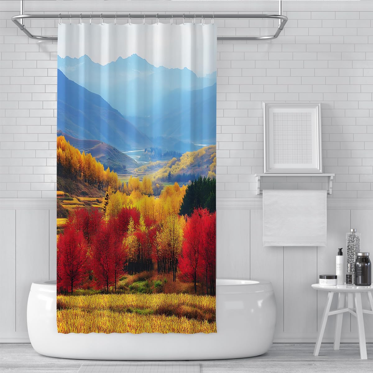 Herbst-Wildnis Bergblick Print-Duschvorhang W150xL200 cm