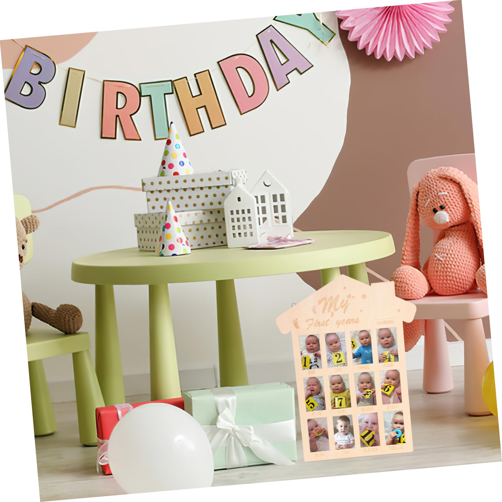 Yardwe 12 Months Baby Photo Frame Wooden Board First Year Keepsake Baby Picture Display Home Art