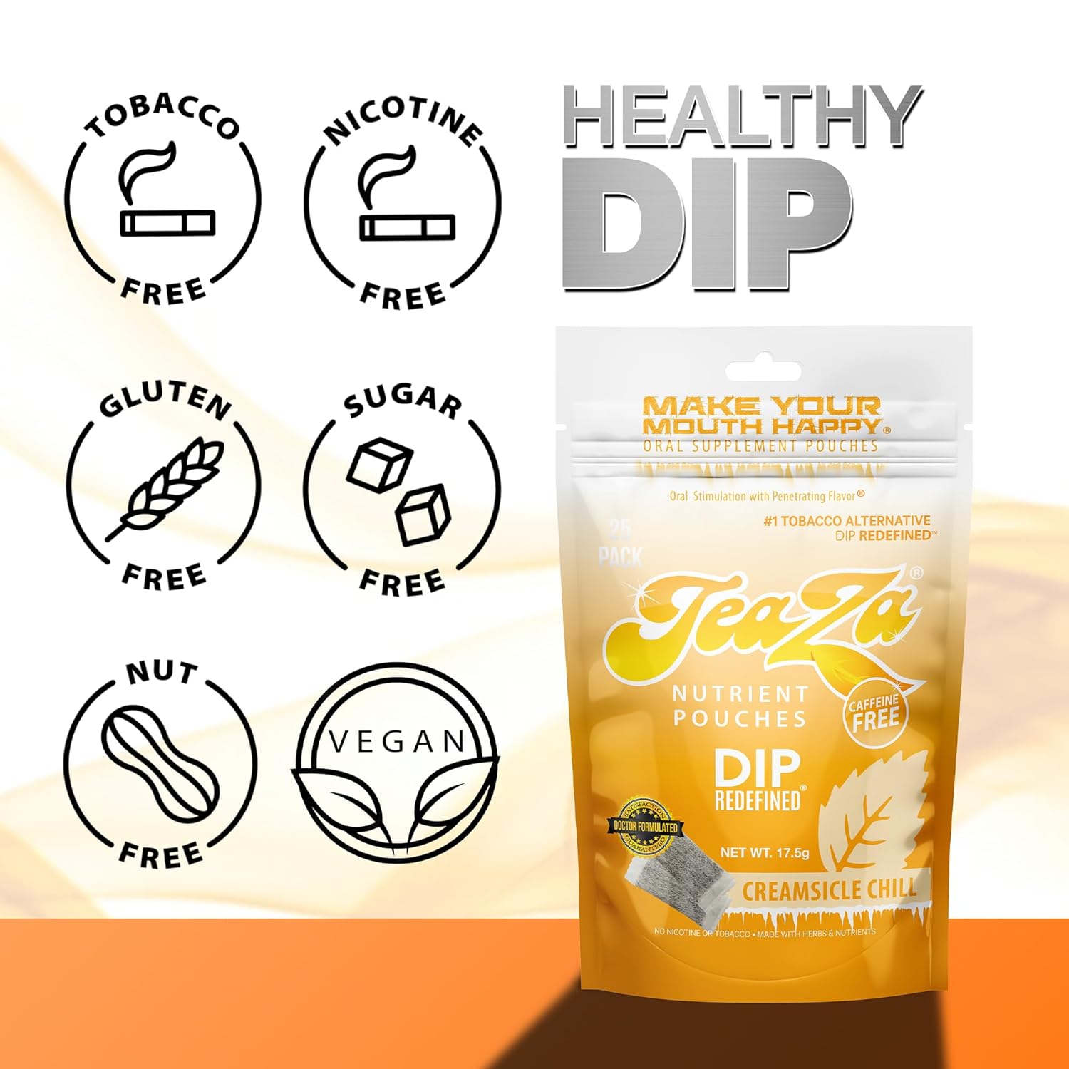 TeaZa Herbal Energy Pouches Tobacco Alternative Nicotine Free Dip, Smokeless Alternative Snuff Healthy Chewing Dipping Creamsicle Chill (8 Pack) Premium Flavored Tobacco Free Chew