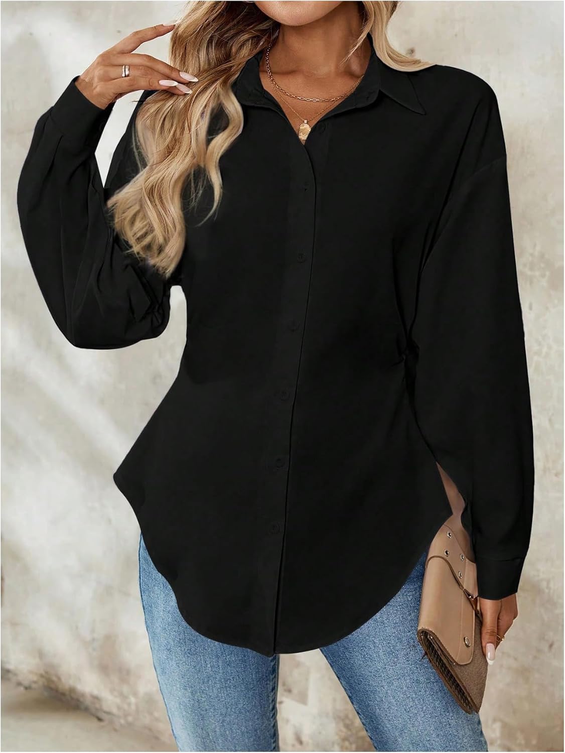 WDIRARA Women's Button Down Long Sleeve Blouse Slim Fit Collared Shirt Casual Work Tunic Top - Image 4
