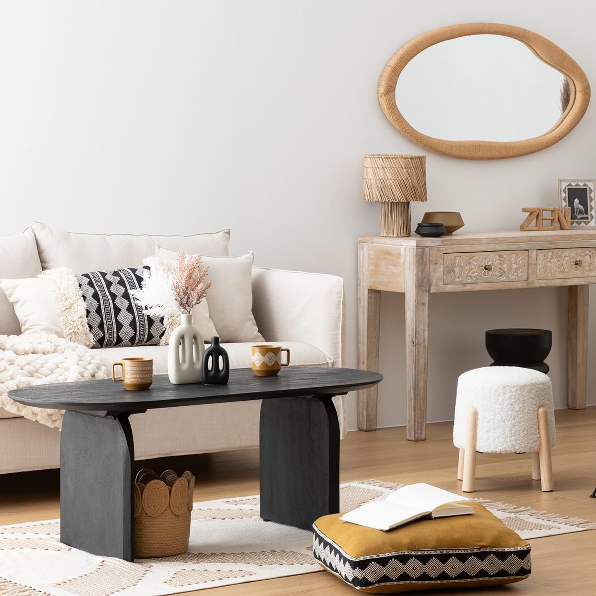 Atmosphera - Tabouret d'Appoint Inuit en Tissu Bouclette Blanc, H 41,5 cm, Pieds en Bois - pour Salon, Chambre d'enfant