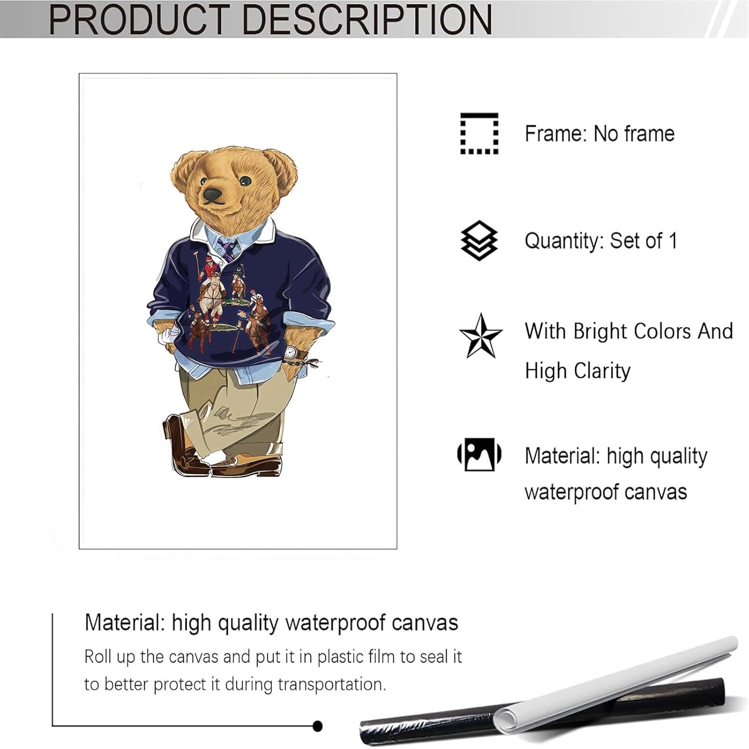 Funny Teddy Bear Canvas Wall Art Trendy Bear In A Polo Shirt Poster Minimalist Animal Magazine Pictures Prints Painting For Home Bedroom Dorm Apartment Wall Decor 12x16in Unframed - Image 2