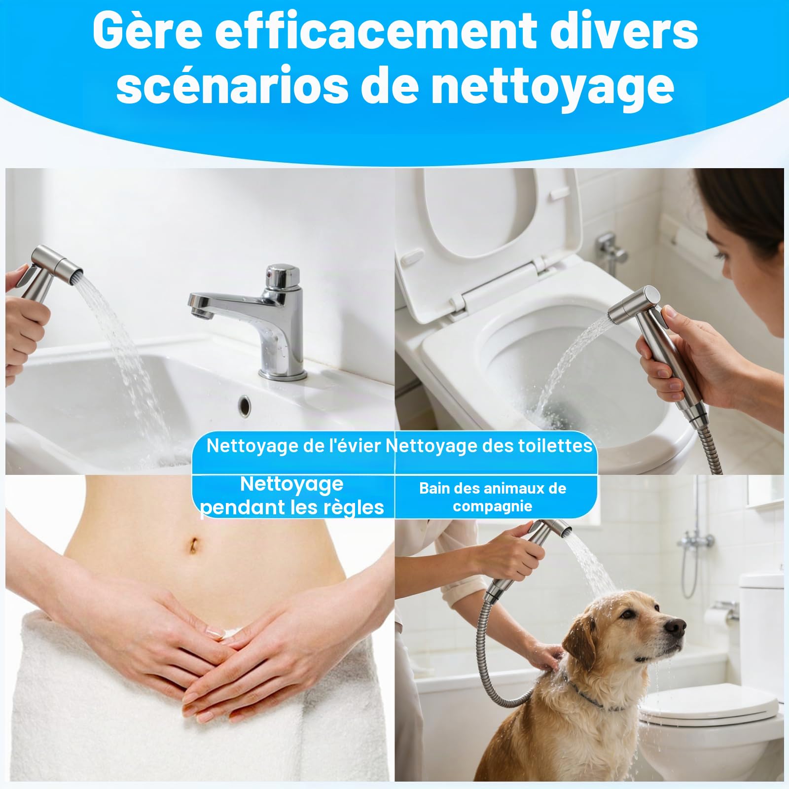 Kit de Douchette de Bidet en Acier Inoxydable, Kit Douchette WC avec Vanne 3 Voies (1/2"-3/8"), Pulvérisateur de Bidet à Main pour Hygiène Personnelle Animauxet Nettoyage Des Couches