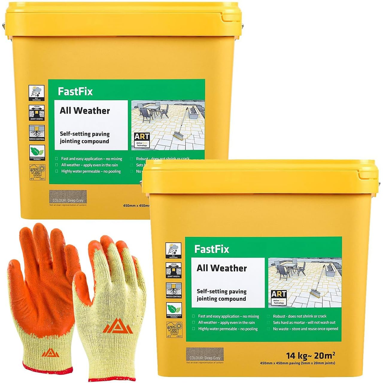 Fast Fix All Weather-Ready to Use, Self-Setting Paving Jointing Compound for Any Weather, Suitable for Stones Setts, Paving Block and Footpaths 15kg - 21 sq.m 2 pack with Gloves (Deep grey)