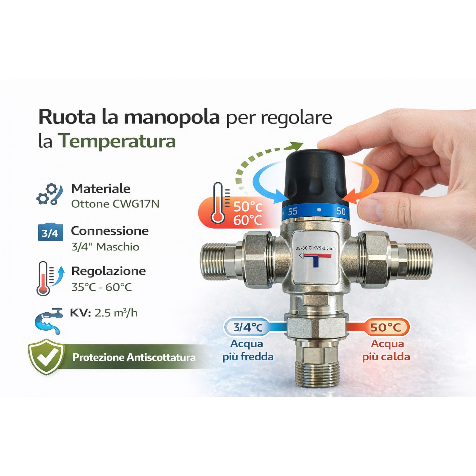Valvola Miscelatrice Termostatica Solare 1” in Ottone CW617N con Prolunghe 3/4” M, Regolatore Temperatura 35-60°C, Antiscottatura per Boiler, Scaldabagno e Impianti Solari