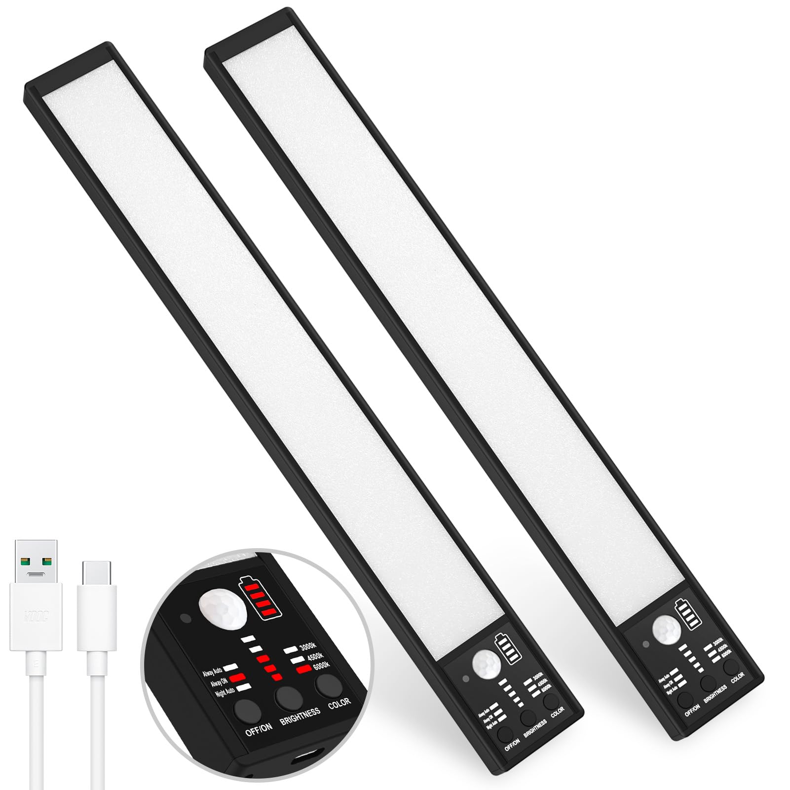 YELKO Luci con sensore di movimento, 3200 mAh, a batteria, luci di movimento ricaricabili portatili, 3 colori, 5 luminosità regolabili, lampada di movimento per armadio da cucina, armadio (confezione