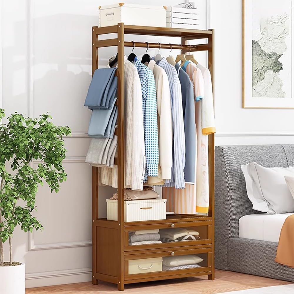 POLGDW Heavy Duty Clothes Rail Rack with 4 Tier Storage Shelves Wooden Coat Stand & Shoe Rack for Bedroom Hallway Entryway 100x28x150cm Garment nizer
