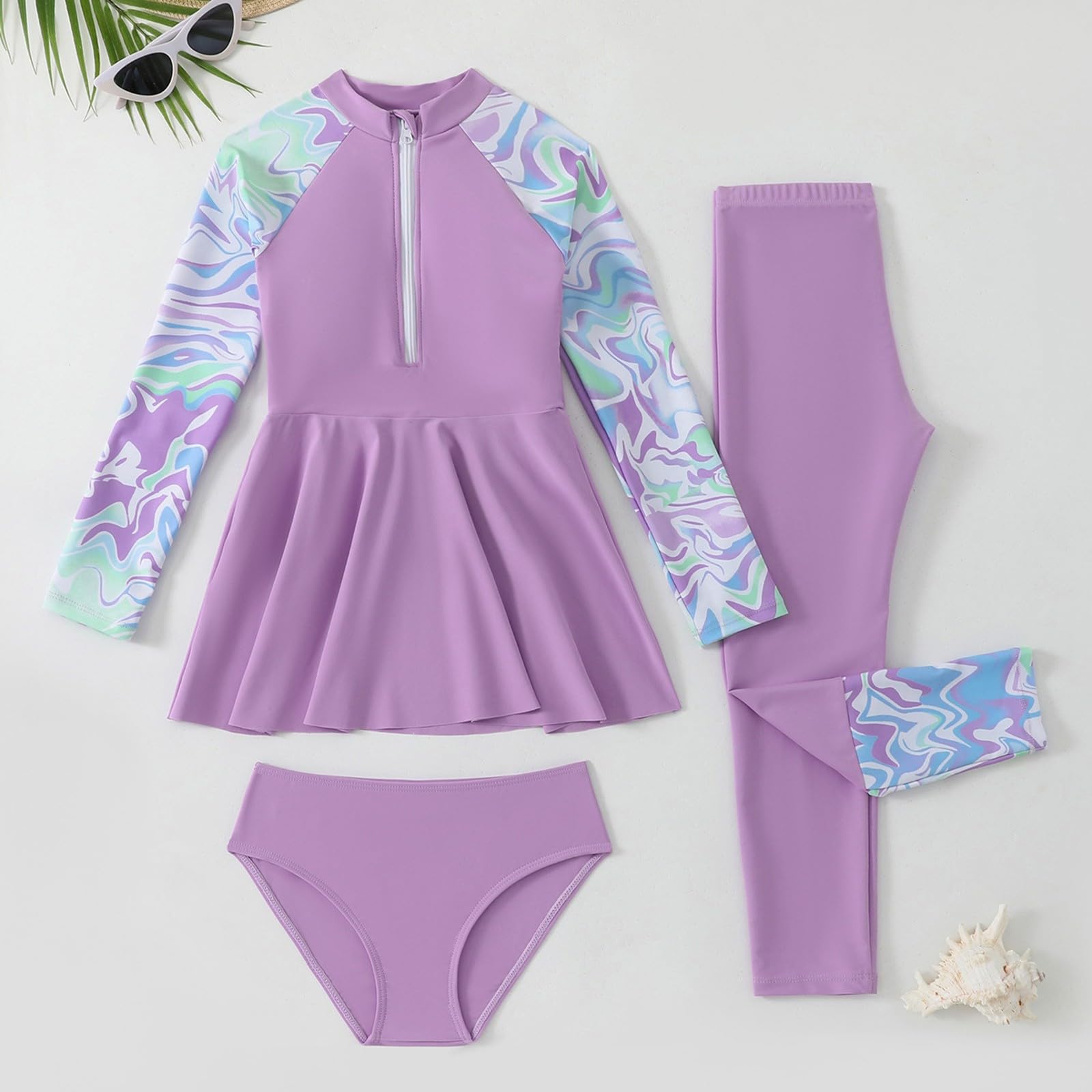 Generico Costume Tre Pezzi Ragazza Manica Lunga Pantaloni Lunghi con Cuffia per Nuoto Mare Piscina Costume Tre Pezzi Bambina Protezione con Design Moderno E Confortevole
