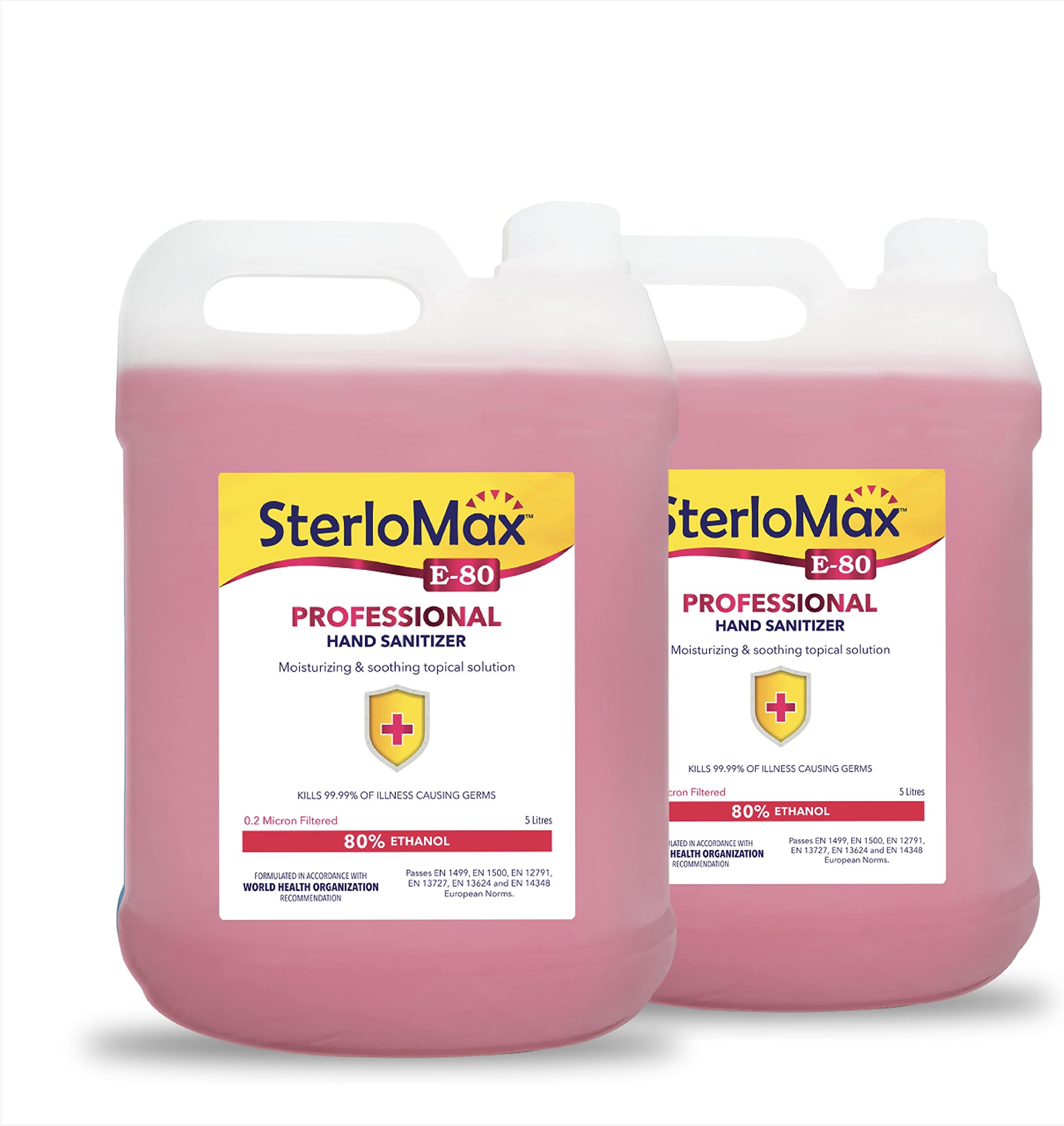 SterloMax 80% Ethanol-based Hand Rub Sanitizer and Disinfectant, 5 L, Pack of 2