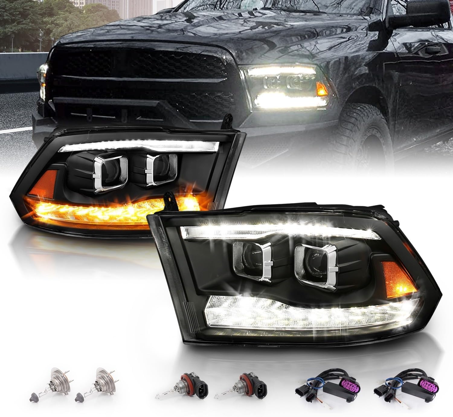 for 2009-2018 Dodge Ram 1500 2500 3500 [BOTH Model] Upgraded Projector Switchback LED Tube Black Headlights Assembly Pair - Passenger and Driver Side