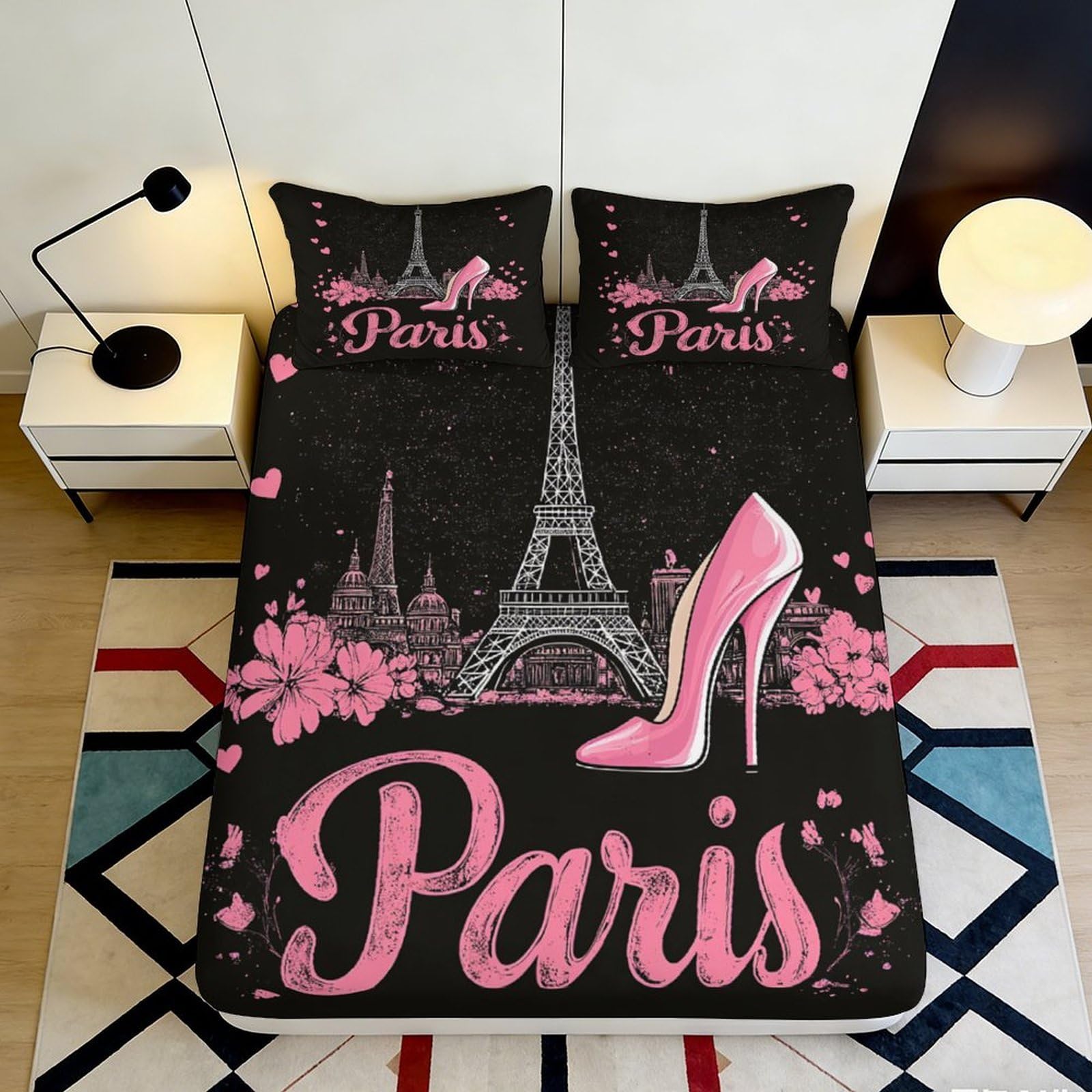 3D Printed Paris Eiffel Tower Fitted Sheet Microfiber Pink High Heels Bed Cover for Bedroom Decor Mattress Protection 120x200x25cm
