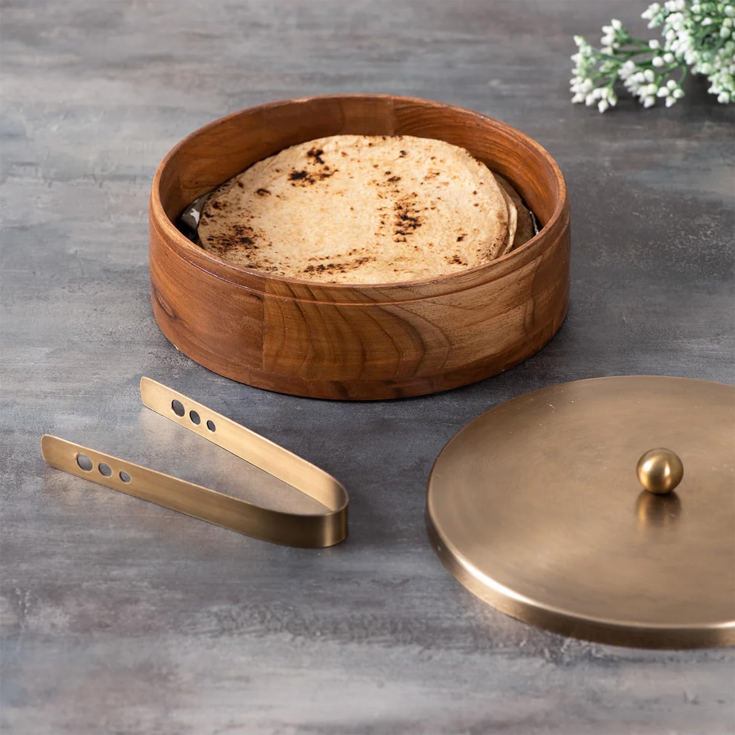 Nestroots Wooden Casserole for Roti | 9-Inch Hot Pot for Kitchen | Chapati Box with Stainless Steel Tong | Golden Finish Hot Case Roti Box for Fresh & Warm Roti | Durable & Stylish For Kitchen Storage