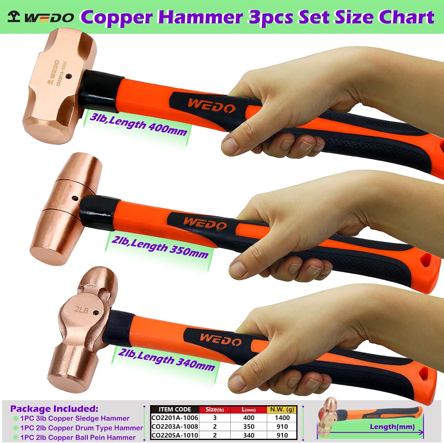 WEDO 3PCS Copper Hammer Set with Fiberglass Handle,3lb Sledge Hammer,2lb Drum Type Hammer,2lb Ball Pein Hammer,Die-Forge,Corrosion Resistant