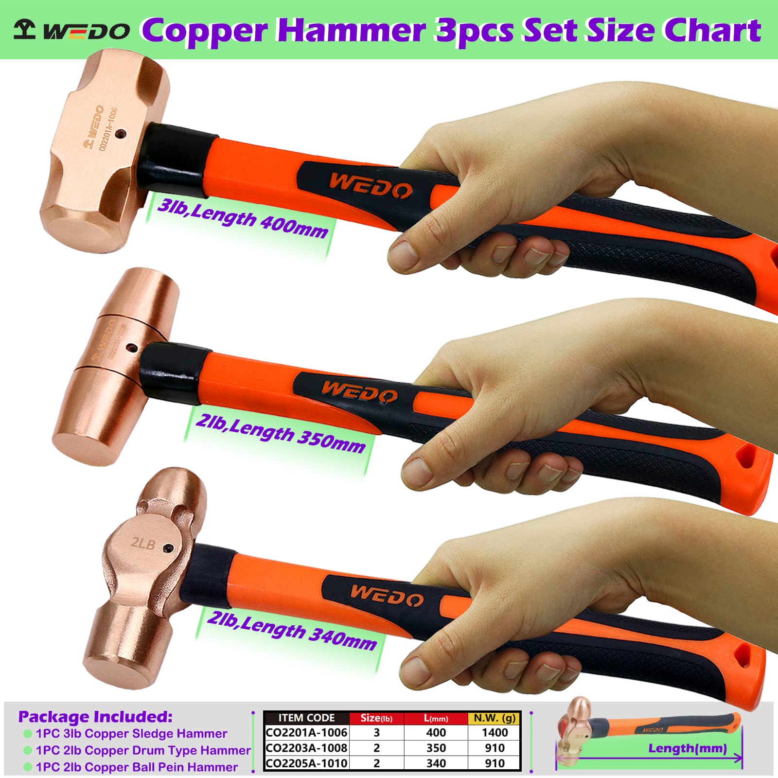 WEDO Copper Sledge Hammer 3lb, Club Hammer With Fiberglass Handle, Drilling Hammer, Flat Hammer, Die-Forged, Corrosion Resistant, 14" Length